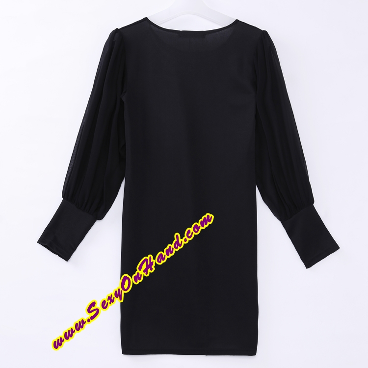 เดรสแฟชั่น ชุดออกงาน ชุดสาวออฟฟิศ เดรสออกงานกลางคืน สีดำ เซ็กซี่ แขนพองแต่งผ้าชีฟอง ปลายจั๊ม ตัวชุดผ้าโทเลย์ เกรด AAA แบบสวยเหมือนในรูปเลยคะ/ ไซส์ M