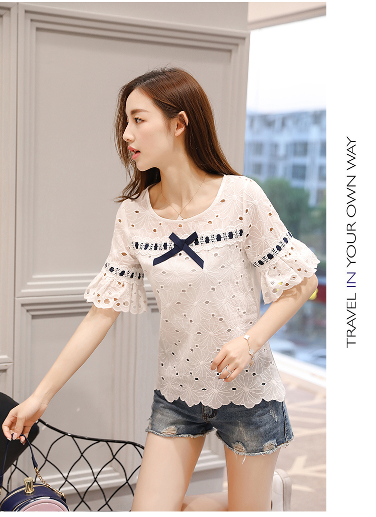มาใหม่ KTFN เสื้อแฟชั่นผ้าฝ้ายปักลายฉลุลูกไม้ แต่งโบว์หน้าอก สีขาว