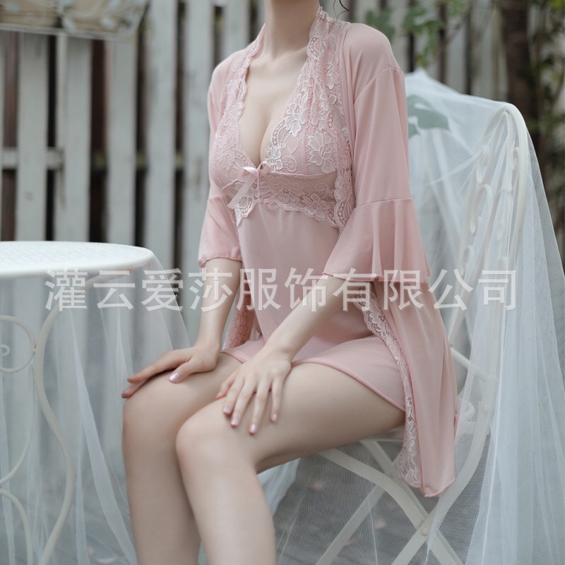 เซ็ทชุดคลุมนอน เซ็ดชุดนอน สายเดี่ยว+ชุดคลุมนอน ซีทรูสีนูทพีช แต่งลูกไม้ สวย หรู งาน เซ็กซี่มากๆคะ สำเนา