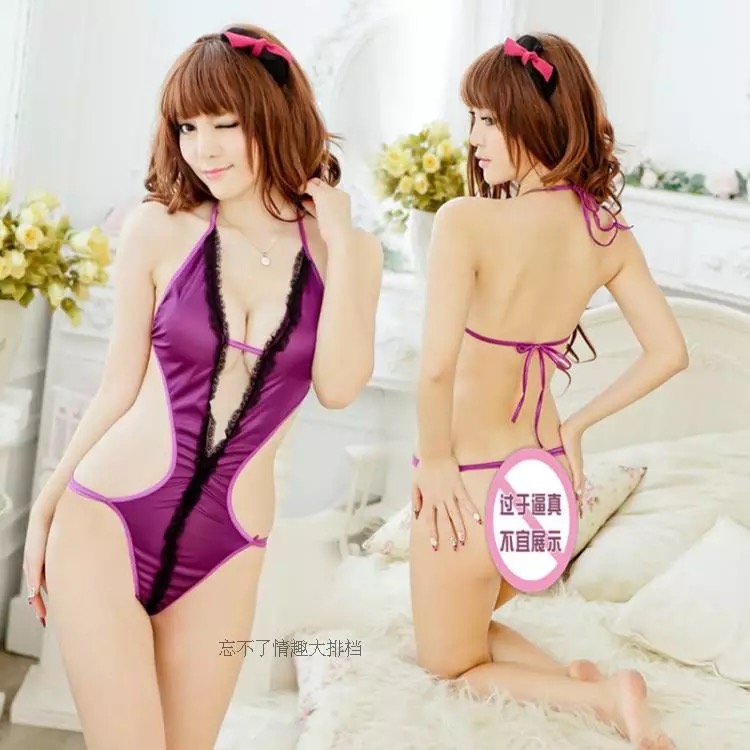 ชุดเซ็กซี่ ยั่วน้ำลาย ชุดวันพีซ แบบผูกหลัง สีม่วง ผ้ายืดมัน แต่งลูกไม้ดำ โชว์สัดส่วน แบบเซ็กซี่สุดๆไปเลยคะ