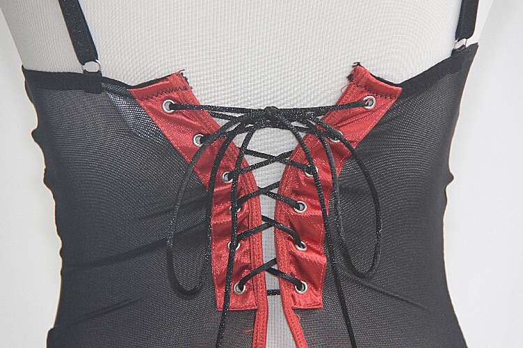 ชุดคอร์เซ็ต เดรสสั้น ชุดรัดทรง สไตล์คอร์เซ็ต แต่งริบบิ้นผูกหลัง สีดำ แต่งขลิบลูกไม้ส้ม มีดันทรงในตัว +สายรัดถุงน่อง Size M (B75 /C70) งานนอก สวยเทพเลยคะ