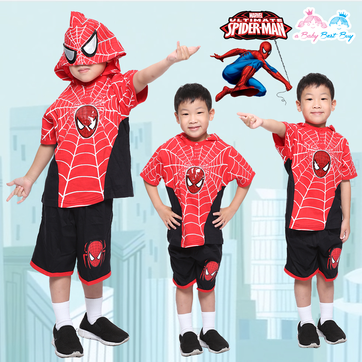 ฮ ( S-M-L-XL ) ชุดแฟนซีสั้น เด็กผู้ชาย Super Hero Spiderman เสมือนจริง มีหมวก(ฮู้ด) ชุดสุดเท่ห์ ใส่สบาย ลิขสิทธิ์แท้ (สำหรับเด็ก 2-5 ปี)