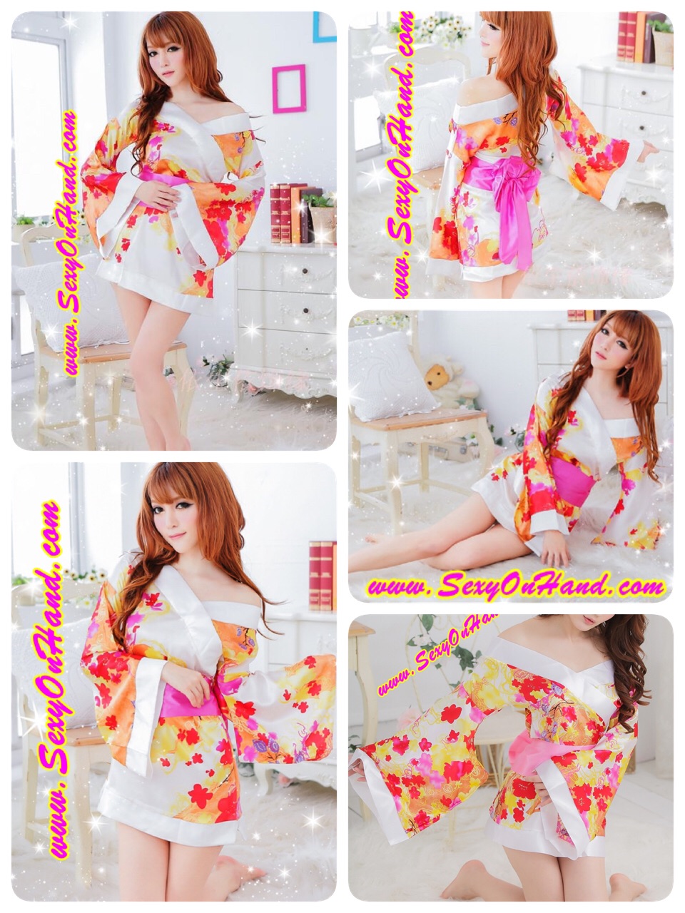 **ใหม่ล่าสุด ** ชุดกิโมโน สไตล์นางรำญี่ปุ่น แนวเกอิชา ปลายแขนบาน สีสด โทนขาว-ส้ม สวยเซ็กซี่ เย้ายวน พร้อมจีสตริงเข้าชุดคะ
