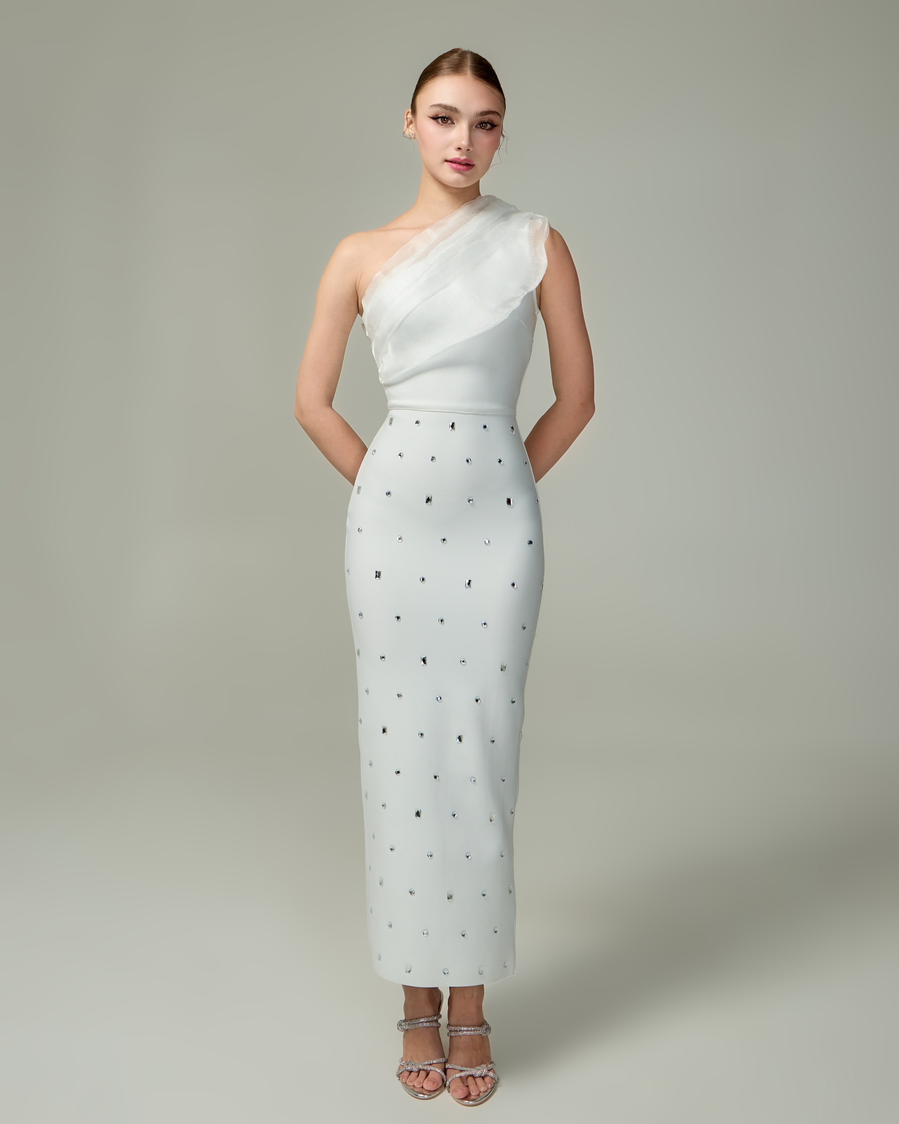 เดรสแฟชั่น เดรสเสื้อไหล่เดียว กระโปรงยาวทรงเข้ารูป