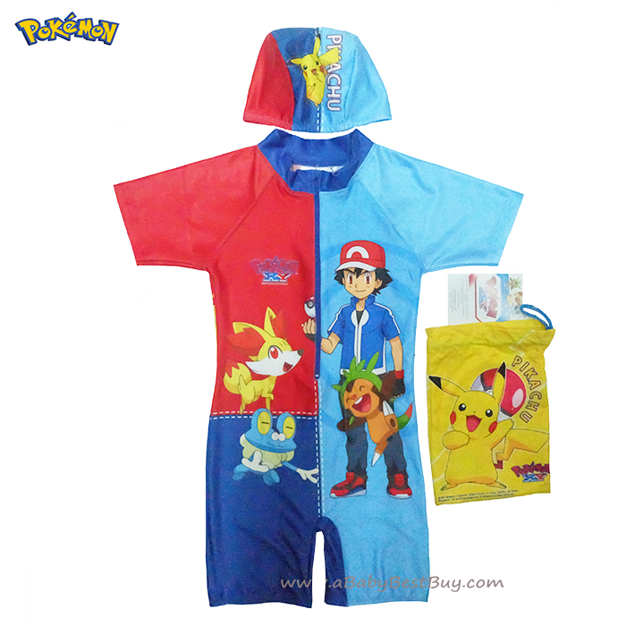 ฮ Size S - ชุดว่ายน้ำเด็กผู้ชาย Pokemon บอดี้สูทเสื้อแขนสั้นกางเกงขาสั้นสกรีนลาย Pokemon มาพร้อมหมวกว่ายน้ำและถุงผ้า สุดเท่ห์ ใส่สบาย ลิขสิทธิ์แท้ (สำหรับเด็กอายุ 3-4 ปี)