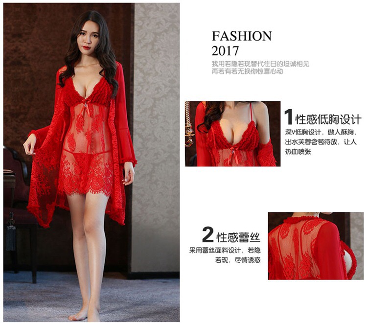 เซ็ทชุดคลุมนอน เซ็กซี่ set ชุดคลุมนอนซีทรูสีแดง แต่งลูกไม้ซีทรู เนื้อผ้าทิ้งตัว สวยหรูมากคะ (ในเซ็ทประกอบด้วย ชุดคลุม+สายเดี่ยว+ G-string)