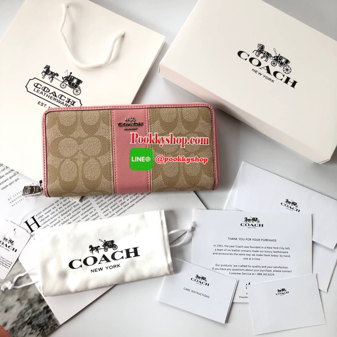 COACH Accordion Zip Wallet in Signature Coated Canvas with Leather กระเป๋าสตางค์ใบยาว เปิด-ปิดกระเป๋าด้วยซิปรอบ ด้านในมีช่องใส่บัตร ช่องใส่ธนบัตร และช่องซิปใส่เหรียญค่ะ