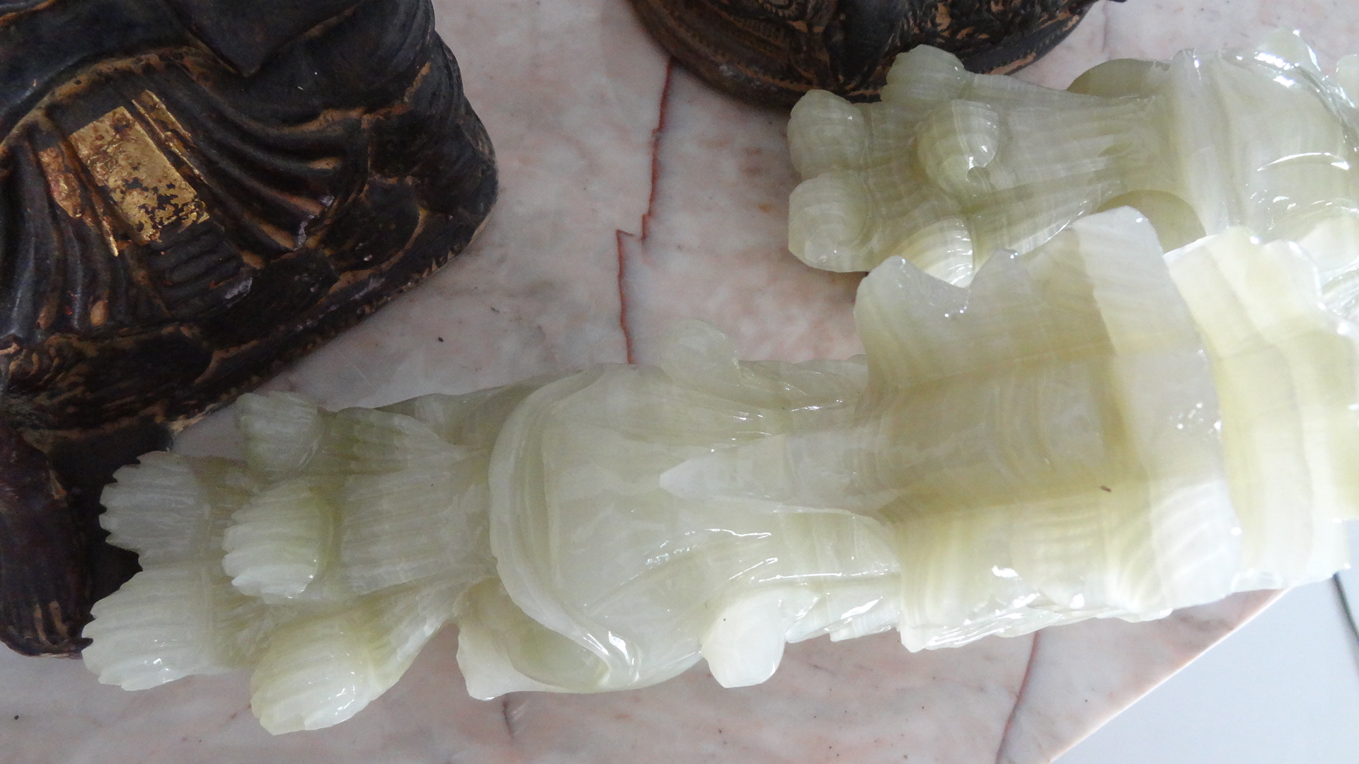 ปี่เซี๊ยะคู่ หินอ่อนหยกเขียว หางพวง ขนาดกว้าง 20 สูง 14 เซนติเมตร ( 1 คู่ )