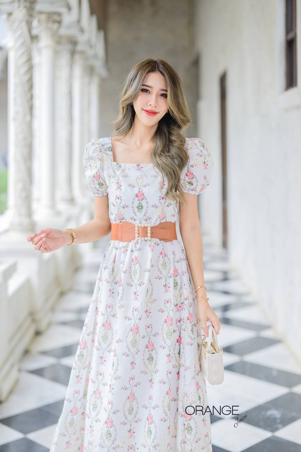 NEW ARRIVALS By Orange Juice Maxi เดรสยาวผ้าฉลุ พิมลาย พร้อมเข็มขัด