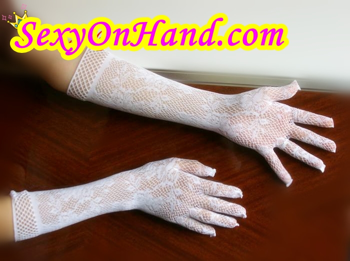 ถุงมือ ลูกไม้ ขอบตาข่าย สีขาว สำหรับแต่งเข้าชุดแฟนซี ชุดคอสเพลย์ ชุดเซ็กซี่ เนื้อเส้นใหญ่ยืดหยุ่นได้สูงมากๆคะ
