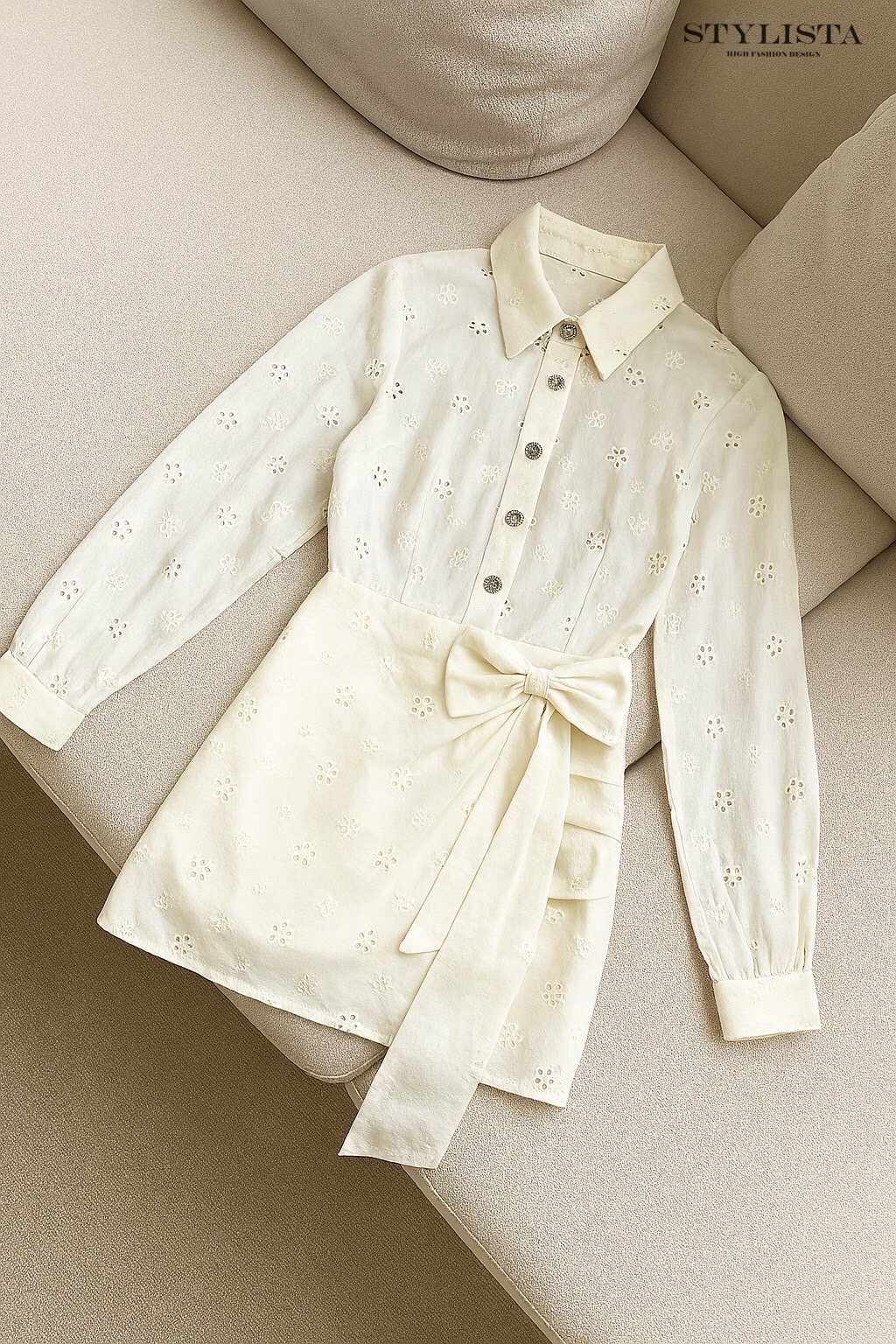 ชุดเซทแฟชั่น ชุดเซ็ต 2 ชิ้นทรงเชิ้ตแขนยาว + กระโปรงทรงไขว้ผูกโบว์สุดคิ้วท์