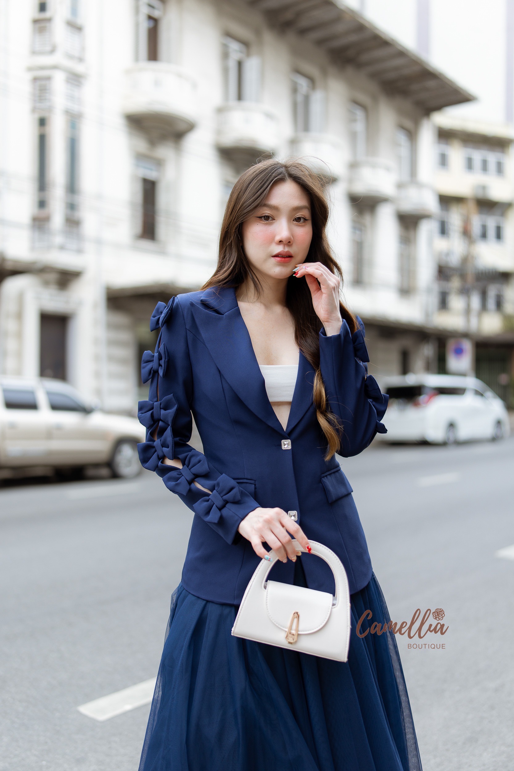 ชุดเซทแฟชั่น ชุดSet เสื้อBlazer แขนโบแต่งกระดุมเพชรด้านหน้า