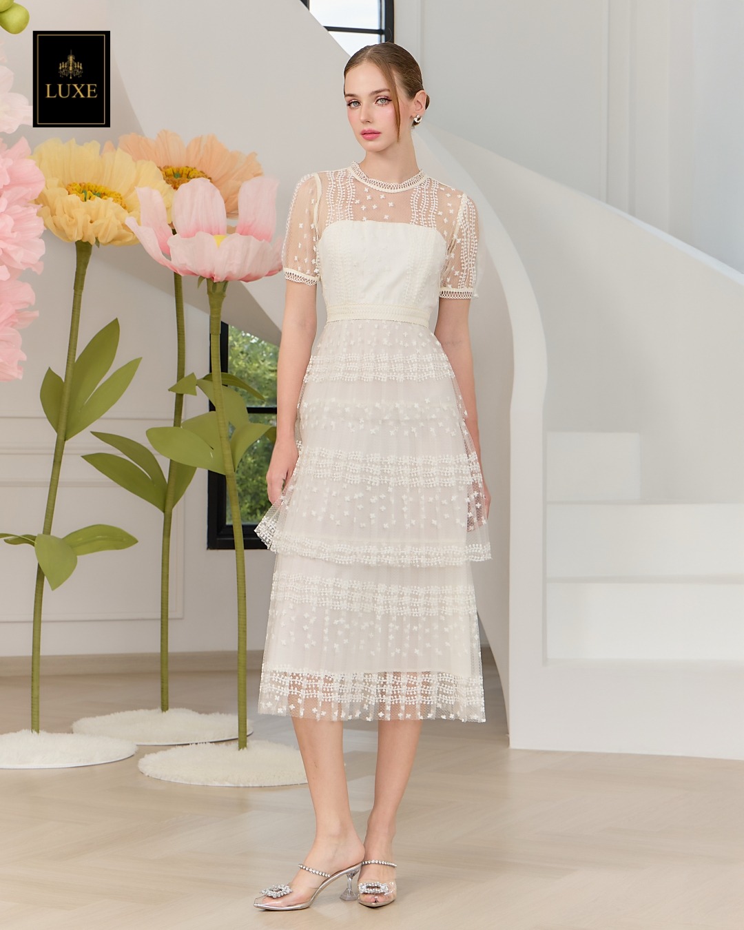 เดรสแฟชั่น เดรสเสื้อคอกลมแขนสั้น กระโปรงอัดพลีท3ชั้น