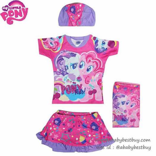 ฮ "( For Kids ) ชุดว่ายน้ำเด็กผู้หญิง My Little Pony สีชมพู เสื้อแขนสั้น กระโปรงสั้น ลาย มายลิตเติ้ลโพนี่ มาพร้อมหมวกว่ายน้ำ ชุดว่ายน้ำเด็กผู้หญิง ม้าโพนี่ ของแท้