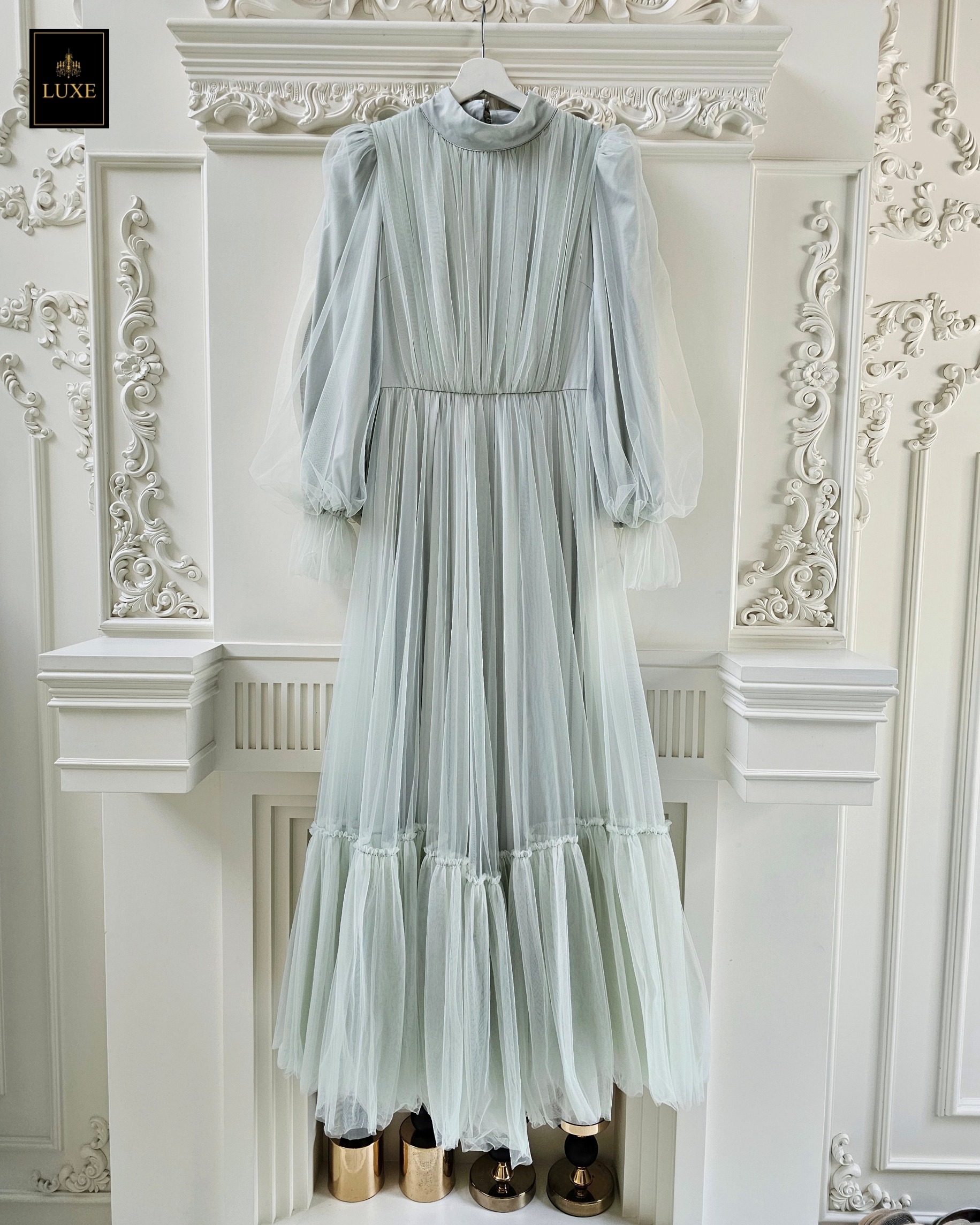 เดรสแฟชั่น แม็กซี่เดรสเสื้อคอปีนแขนยาว กระโปรงบานต่อชายรูดระบายรอบตัว