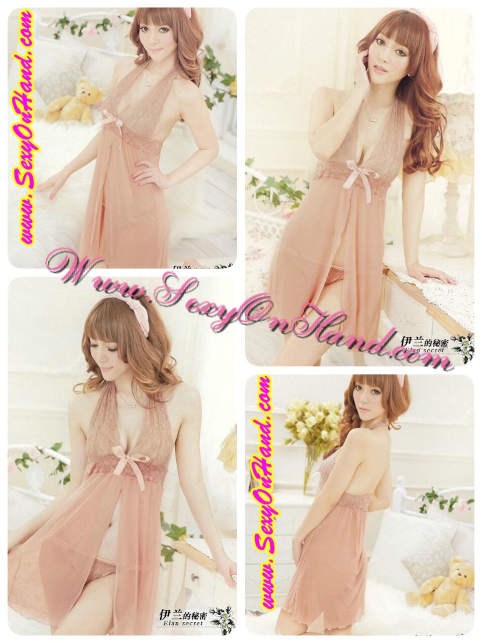 ชุดนอนเซ็กซี่ คล้องคอ ผ้าลูกไม้ เนื้อผ้าซีทรู สีพีช หรูหรามากๆ เนื้อ นุ่ม ลื่น ประดับกลางอก ด้วยริบบิ้น ช่วงตัวกระโปรง แอบผ่าหน้า เพื่อ เพิ่มลูกเล่นความเซ็กซี่ สีสวย หรูหราคุณหนูมากๆ