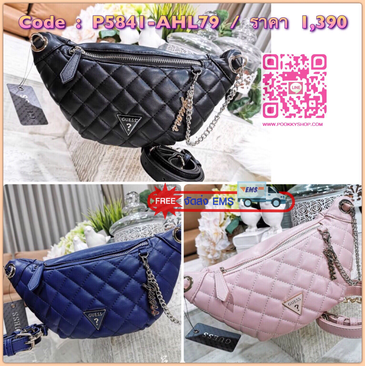 NEW ARRIVAL! Guess Kyli Fanny Pack Belt Bag 2019 กระเป๋าสะพาย/คาดเอว/คาดอกรุ่นใหม่ล่าสุดจาก GUESS FACTORY วัสดุหนังเเกะสังเคราะห์แบบนิ่มลายตารางเปิดปิดด้วยซิป ด้านหน้าประดับโซ่ห้อยโลโก้ดูมีดีเทล ด้านหลังมีช่องซิป ภายในมีโลโก้และช่องซิป สะพายได้หลายแบบไม่จ