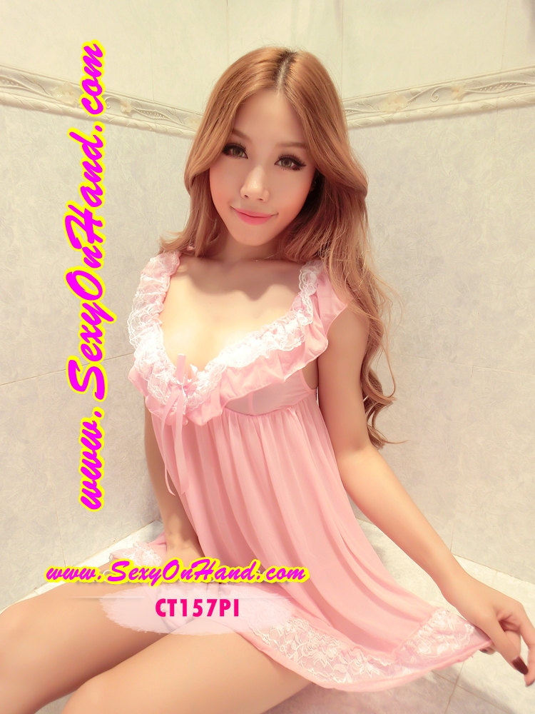 ชุดนอน เซ็กซี่ ชุดนอนซีทรู สีชมพูหวาน แต่งระบาย คอและชายกระโปรง เนื้อผ้า สวยหรู คุณหนูมากๆคะ +G-string