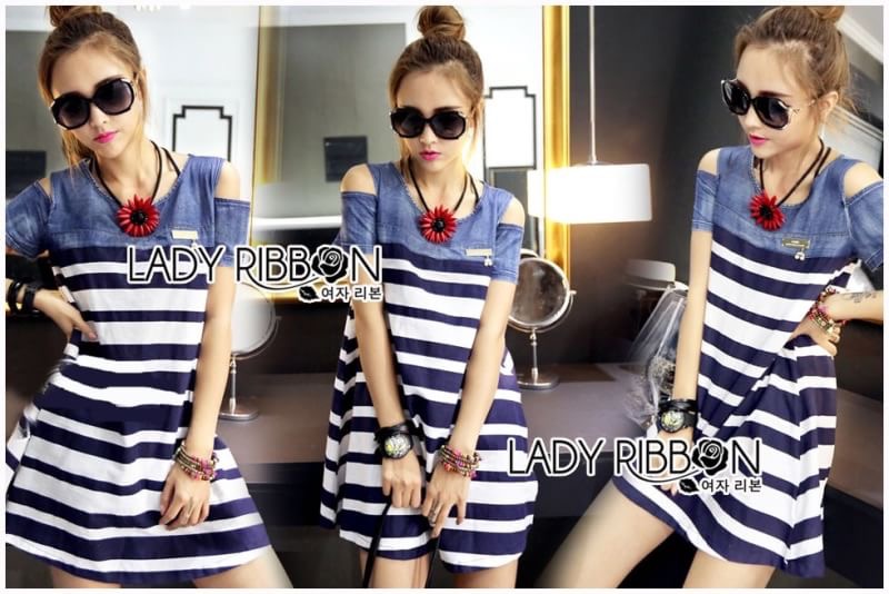 Lady Ribbon's Made Lady Rita Casual Style Cut-Out Denim เดรสผ้าเดนิมตัดต่อผ้าคอตตอนลายขวางสุดเก๋