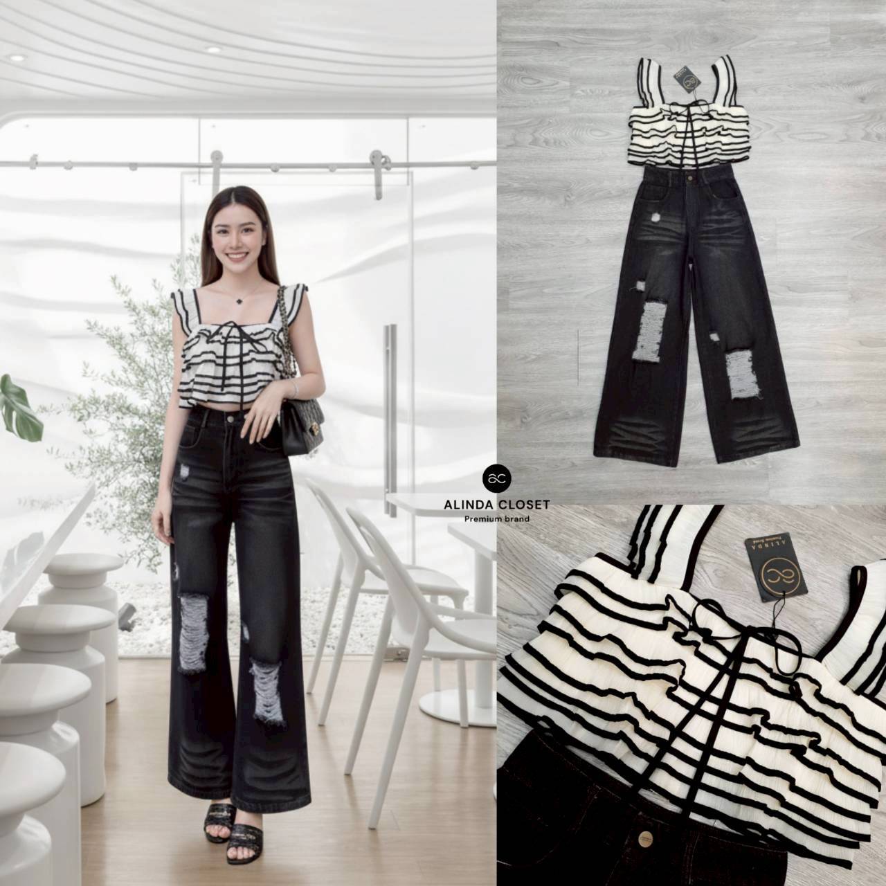 ชุดเซทแฟชั่น ชุดเซ็ทเสื้อสายเดี่ยวทรงครอปสีครีมตัดขอบสีดำ แต่งระบายคู่ที่สายเสื้อ