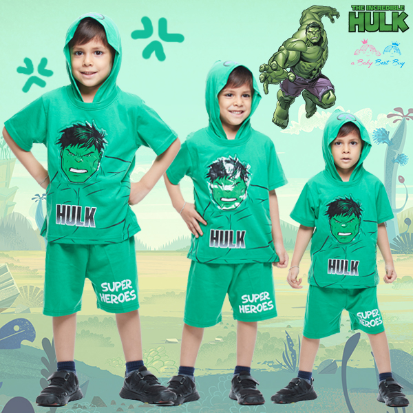 ฮ ( 3-4-5 ปี ) ชุดแฟนซี Super Hero - The Avengers - The Hulk ยักษ์เขียว เสื้อแขนสั้น สีเขียว สกรีนลายHulk มีหมวก(ฮู้ด) มีไฟกระพริบตรงหน้าอก กางเกงขาสั้นสีเขียว ชุดสุดเท่ห์ใส่สบาย ลิขสิทธิ์แท้ (สำหรับเด็ก3-4-5 ปี)