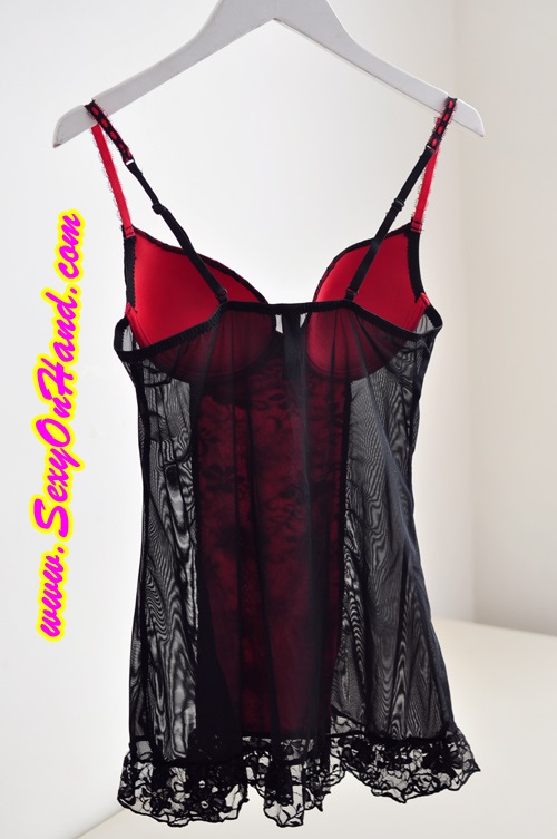 ชุดนอนเดรสสั้น ชุดนอนสายเดี่ยว สไตล์เดรสสั้น กึ่งคอร์เซ็ต แต่งลูกไม้สีดำ-แดง แต่งระบายชาย งานนอก ส่งญี่ปุ่น เกรดหรู เนี้ยบ