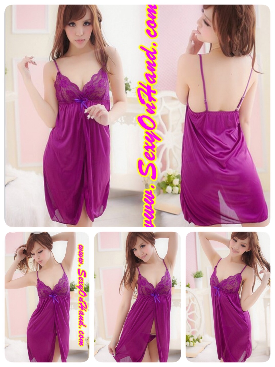 ชุดนอนซาติน ชุดนอน สายเดี่ยว สีม่วง แต่งซีทรูลูกไม้ เนื้อนุ่ม ติดริบบิ้นหน้าอก เย็บทบซ้อน ผ่าหน้า +G string เข้าชุดคะ