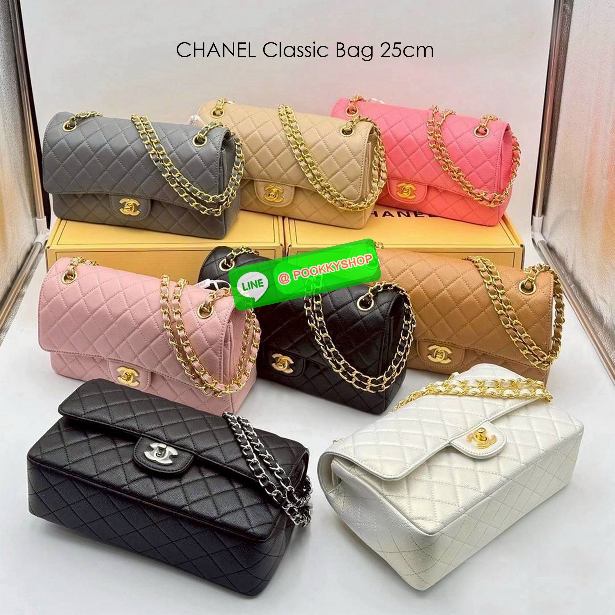 CHANEL Classic Bag 25cm สีใหม่เข้าเพิ่ม สวยละมุน สวยสดใสแบบสับ สวยตัวแม่ต้องมี กระเป๋าสะพายข้าง รูปทรงคลาสสิค หรูหรา เปิด-ปิดกระเป๋าด้วยตัวบิดล็อค ภายในกระเป๋ามีฝาปิดอีก 1 ชั้น โลโก้เด่น คม ชัด!! สะพายได้ 2 แบบ เป็นเส้นคู่สะพายไหล่ หรือเส้นเดี่ยวสะพาย cro