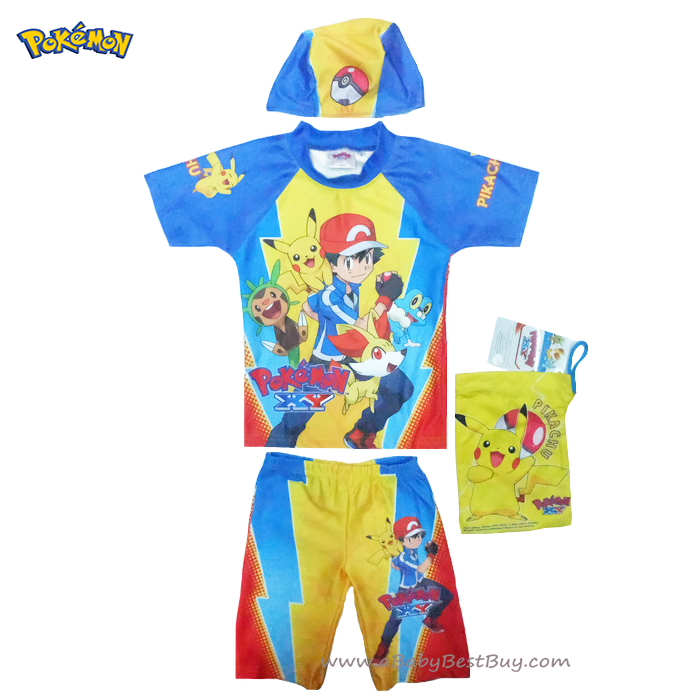 ฮ Size S,M - ชุดว่ายน้ำเด็กผู้ชาย Pokemon มาพร้อมกับเสื้อแขนสั้น กางเกงขาสั้น สกรีนลาย Pokemon มาพร้อมหมวกว่ายน้ำและถุงผ้า สุดเท่ห์ ใส่สบาย ลิขสิทธิ์แท้ (สำหรับเด็กอายุ 4-7 ปี)