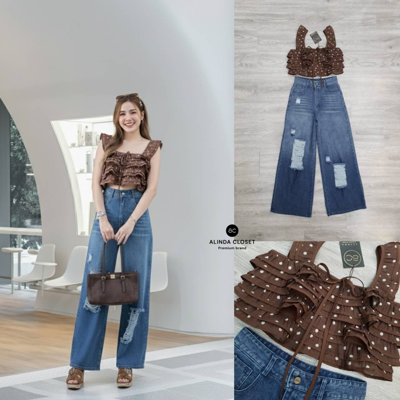 ชุดเซทแฟชั่น ชุดเซ็ทเสื้อสายเดี่ยวทรงครอปสีน้ำตาลลายจุด แต่งระบายคู่ที่สายเสื้อ