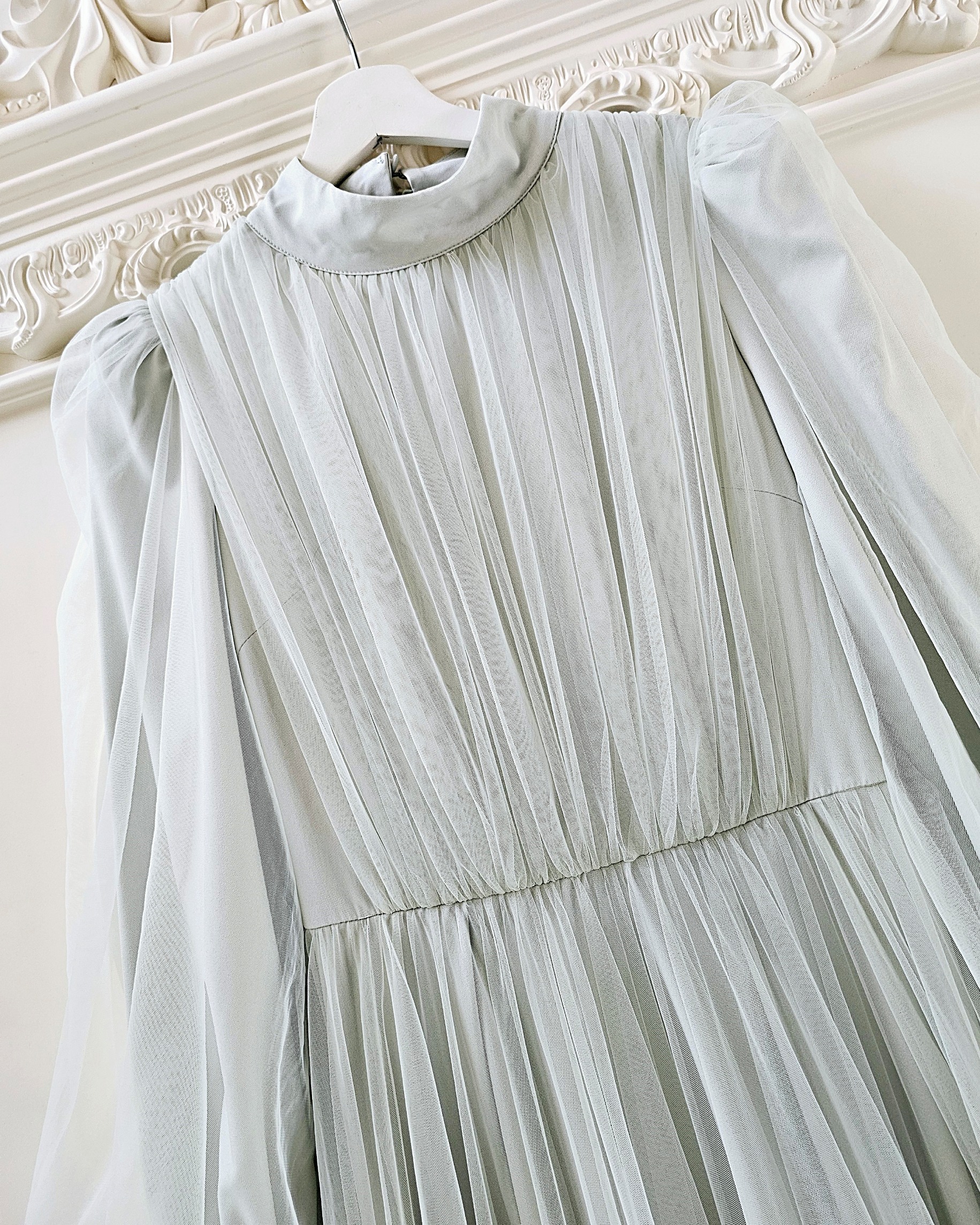 เดรสแฟชั่น แม็กซี่เดรสเสื้อคอปีนแขนยาว กระโปรงบานต่อชายรูดระบายรอบตัว