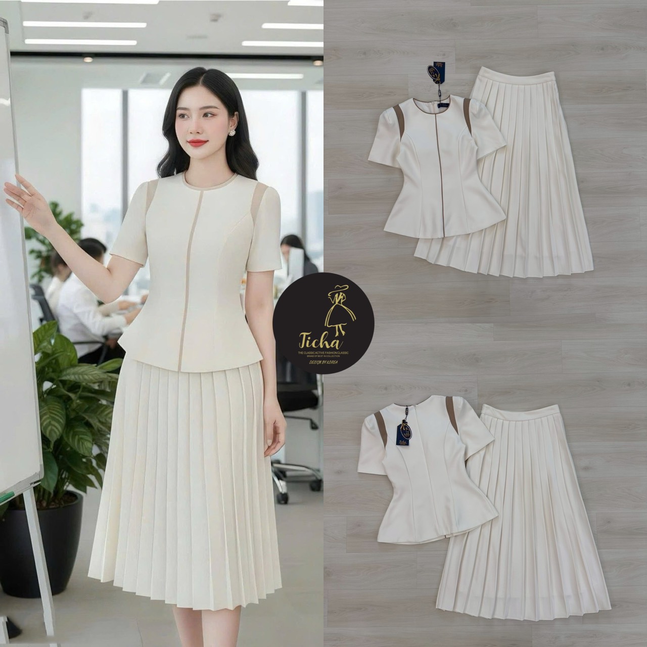 ชุดเซทแฟชั่น Set 2ชิ้น เสื้อ+กระโปรงยาว เสื้อแขนสั้นสีครีมคอกลมแต่งกุ้นสีน้ำตาลช่วงคอและตัวเสื้อ