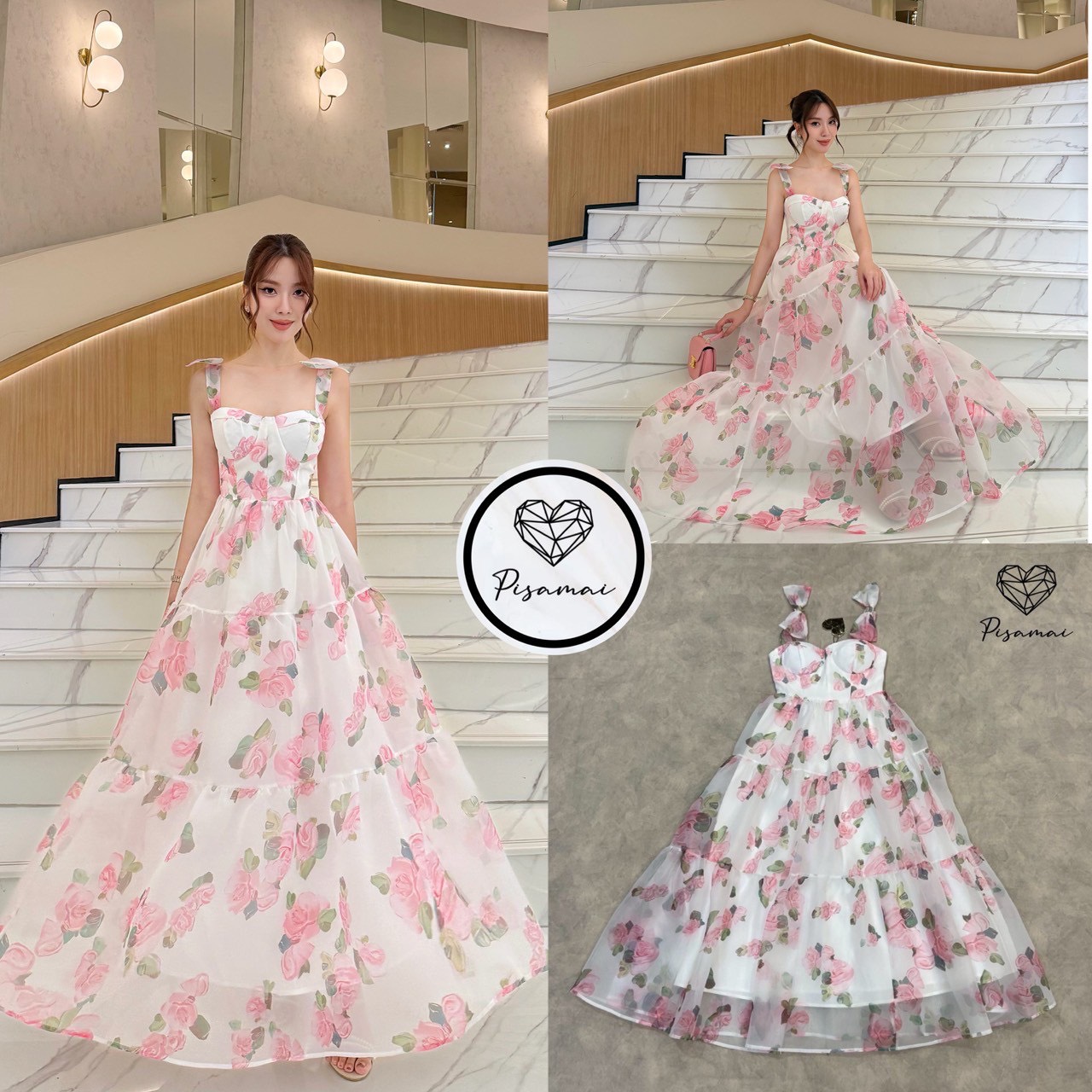 เดรสแฟชั่น เดรสผ้าแก้วตัวยาวมาในสีขาวลายดอกกุหลาบ สวยฟูฟ่อง