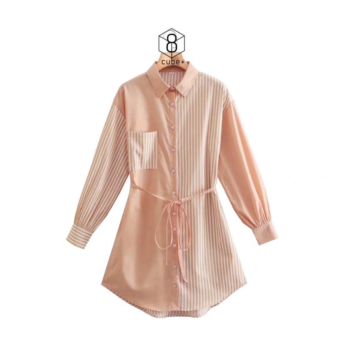::: apricot striped shirtdress ::: เดรสทรงเชิ๊ตตัวยาวคอปก แต่งกระดุมหน้า พร้อมเชือกผูกเอว ลายผ้ามีลูกเล่นลายริ้วสลับกับผ้าพื้นเรียบ สีส้มอ่อนๆออกพีชๆ น่ารักๆ