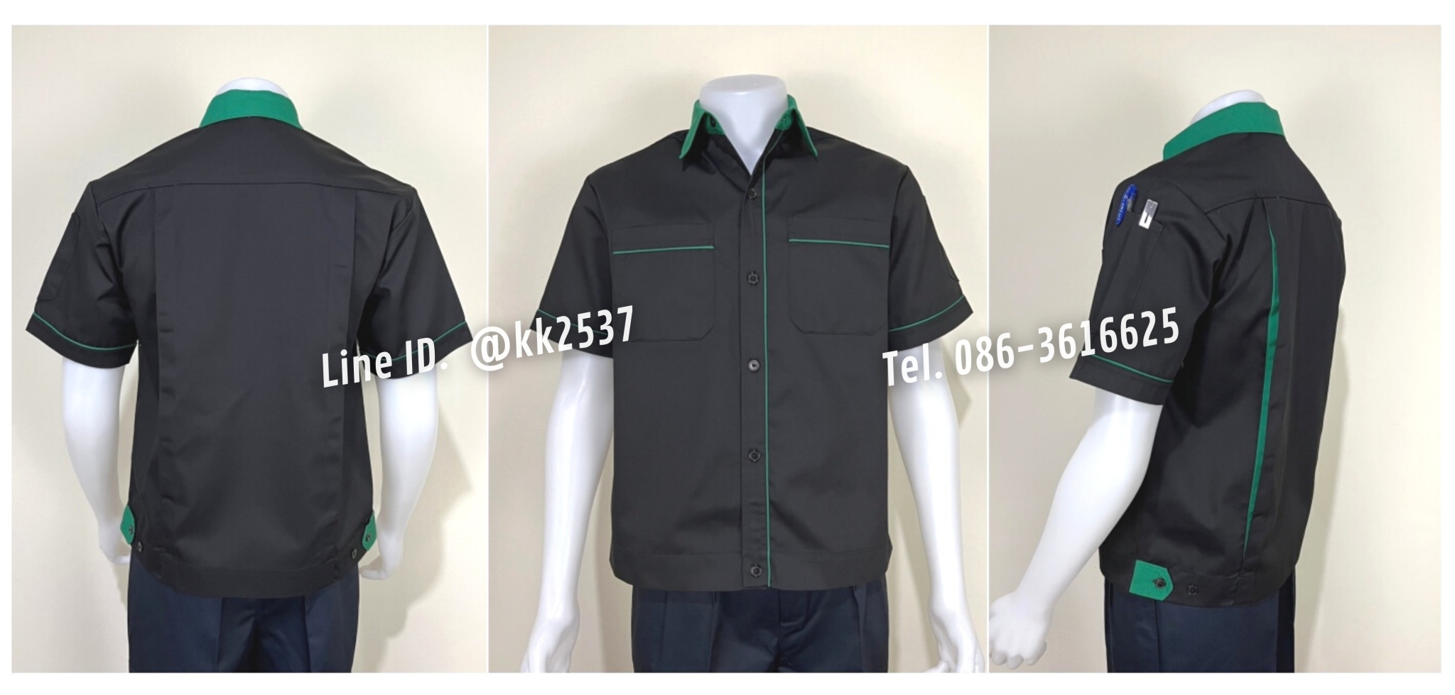 รหัส A 185 เสื้อช่างแขนสั้นแบบดำกุ้นเขียวแก่(สั่งตัด)