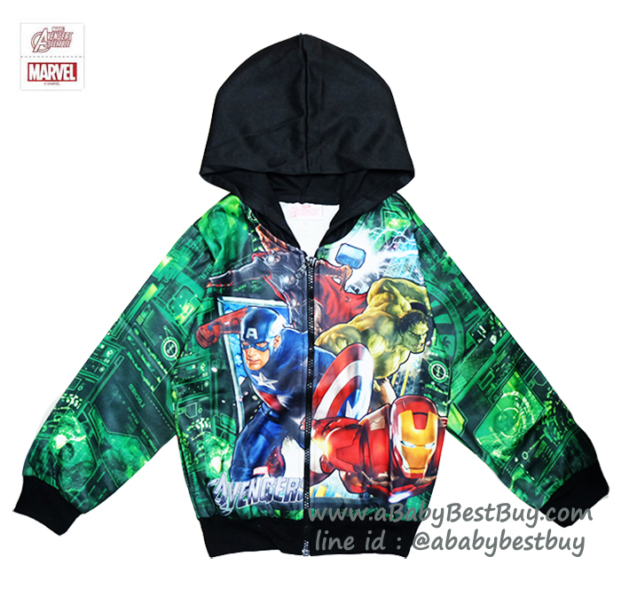 ฮ "( S-M-L-XL ) เสื้อแจ็คเก็ต เสื้อกันหนาว เด็กผู้ชาย สกรีนลายเกราะ Super Hero - The Avengers สีเขียว รูดซิป มีหมวก(ฮู้ด)สีดำ ใส่คลุมกันหนาว กันแดด สุดเท่ห์ ใส่สบาย ลิขสิทธิ์แท้ (ไซส์ S-M-L-XL )