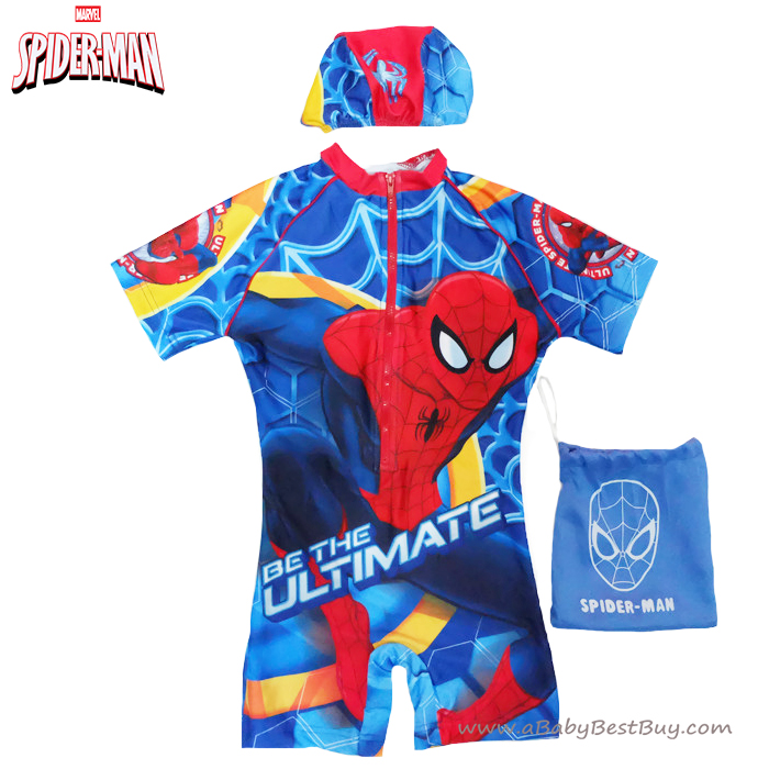 ฮ (สำหรับเด็กอายุ 6เดือน-14 ปี) ชุดว่ายน้ำเด็กผู้ชาย Spiderman สีน้ำเงิน บอดี้สูทเสื้อแขนสั้นกางเกงขาสั้นสกรีนลาย Spiderman มาพร้อมหมวกว่ายน้ำและถุงผ้า สุดเท่ห์ ใส่สบาย ลิขสิทธิ์แท้