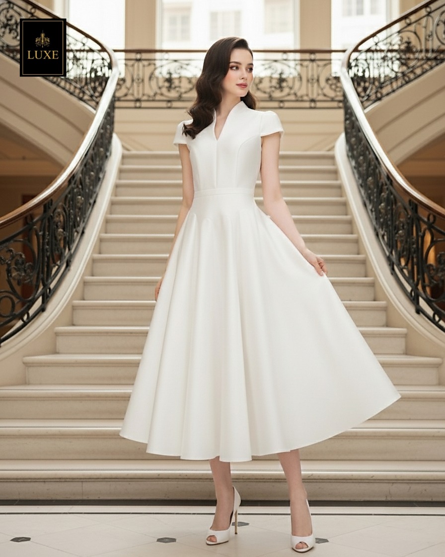 เดรสแฟชั่น เดรสเสื้อคอตั้ง แขนสั้น กระโปรงบาน