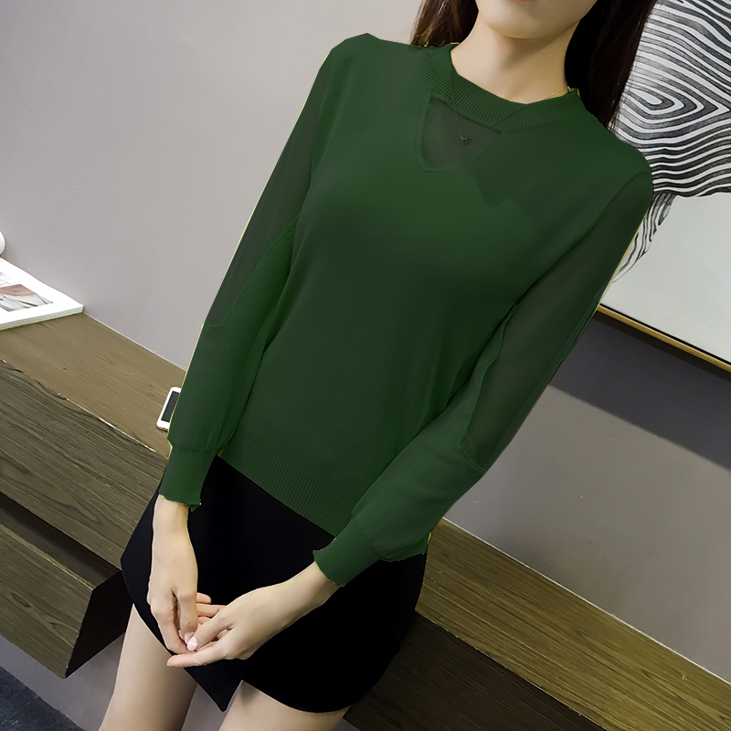 เสื้อแฟชั่นเกาหลี แต่งซีทรูคอและแขนตามภาพ สีเขียว