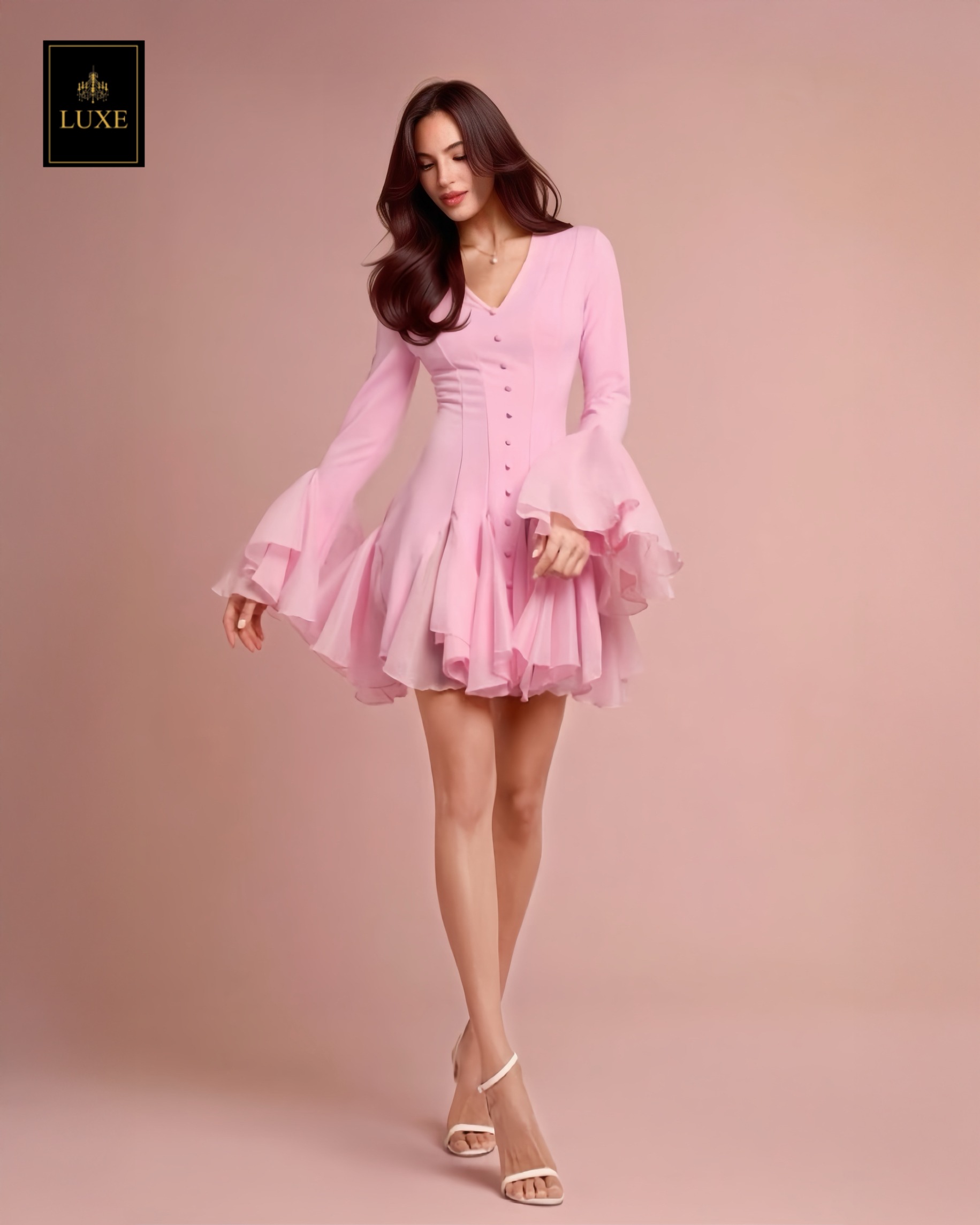 เดรสแฟชั่น ดีเทลปลายแขน และชายกระโปรงต่อผ้า แต่งระบายรอบ ด้านหน้าติดกระดุมปั๊ม