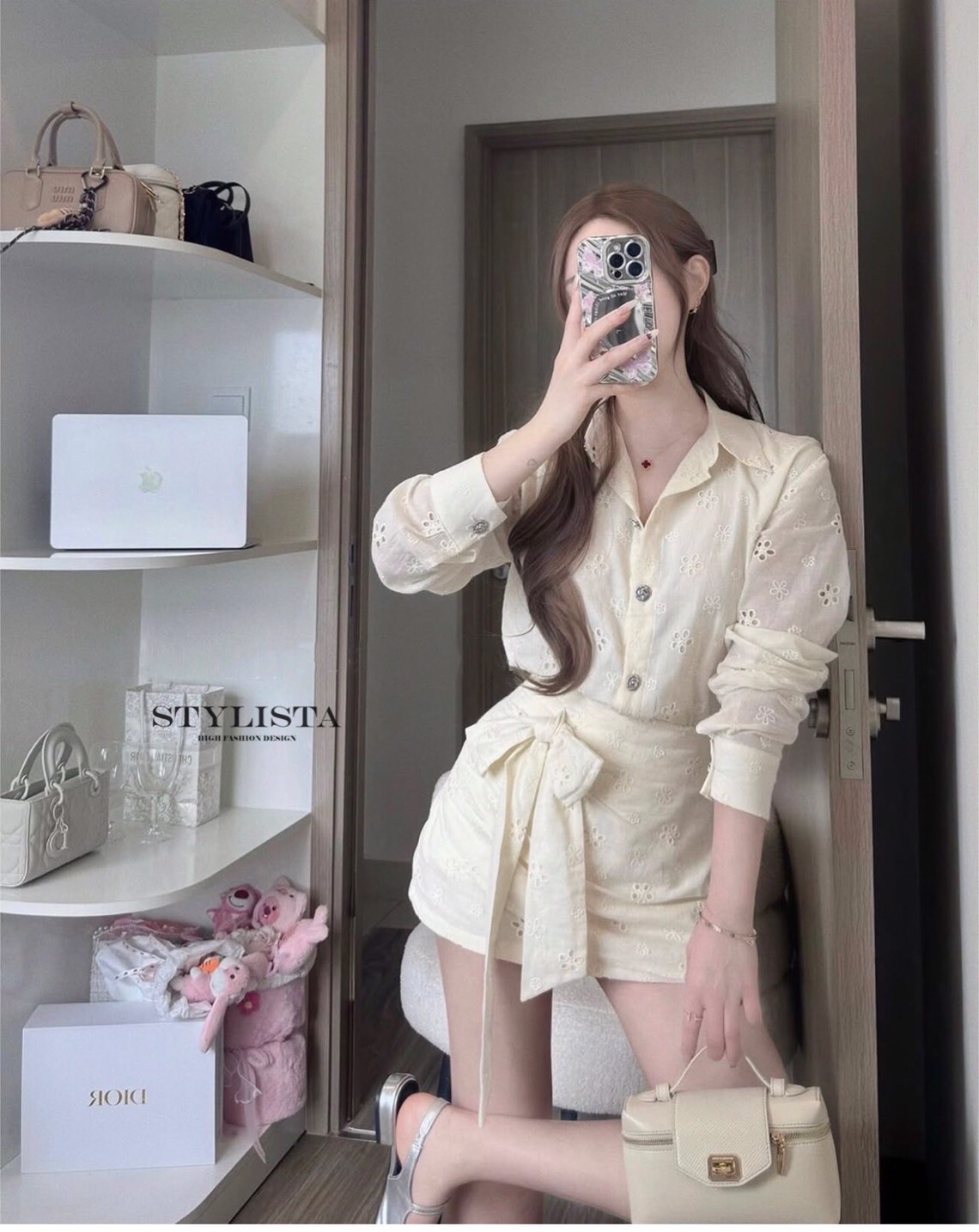 ชุดเซทแฟชั่น ชุดเซ็ต 2 ชิ้นทรงเชิ้ตแขนยาว + กระโปรงทรงไขว้ผูกโบว์สุดคิ้วท์