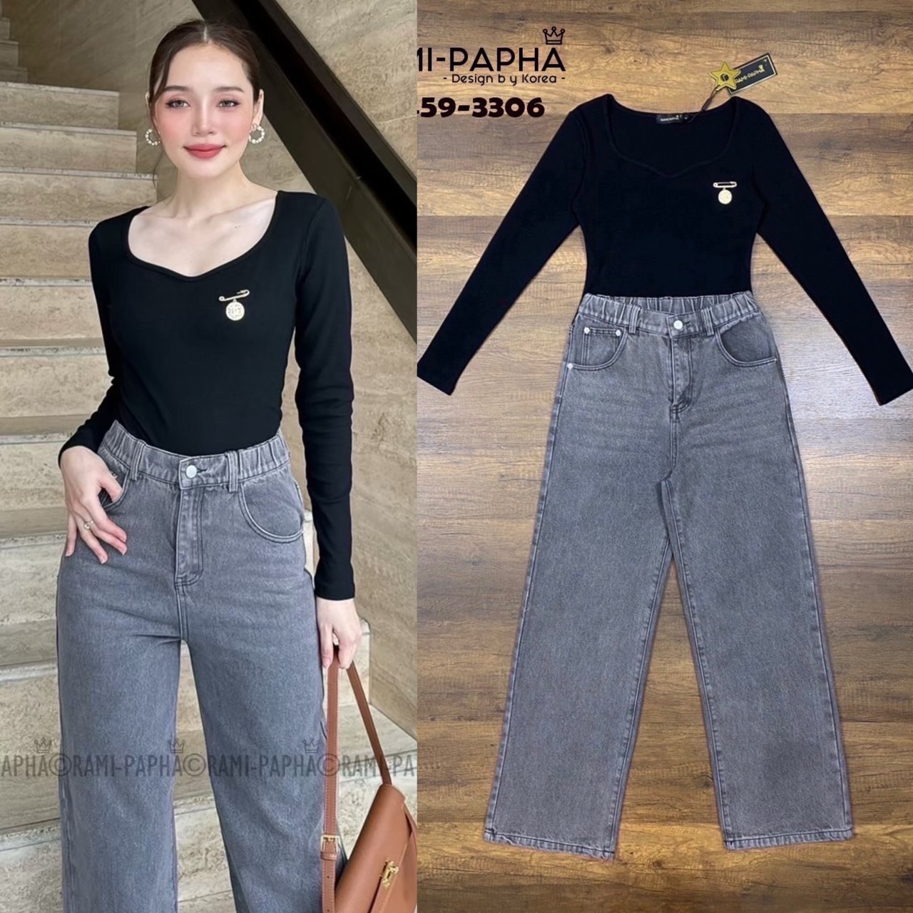 ชุดเซทแฟชั่น เสื้อ+ขายาว+เข็มกลัด Set.3ชิ้น เสื้อแขนยาวสีดำ เนื้อผ้าร่องยืดหยุ่นอย่างดีสวมใส่สบาย