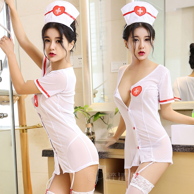 ชุดนางพยาบาลสาวเซ็กซี่ ชุดคอสเพลย์ พยาบาลสาวแสนสวย+หมวกนางพยาบาล+สายรัดถุงน่อง +ถุงน่องตาข่ายขาว ขอบลูกไม้เข้าชุด
