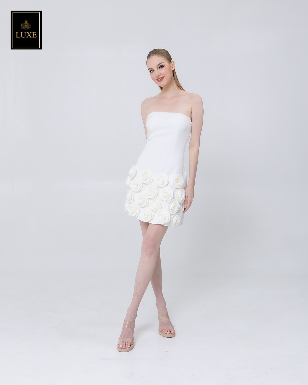 เดรสแฟชั่น เดรสเสื้อเกาะอก กระโปรงทรงเอ ทำจากผ้าฝ้ายผสมโพลีเอสเตอร์ เนื้อนุ่มยืดหยุ่น ใส่สบาย