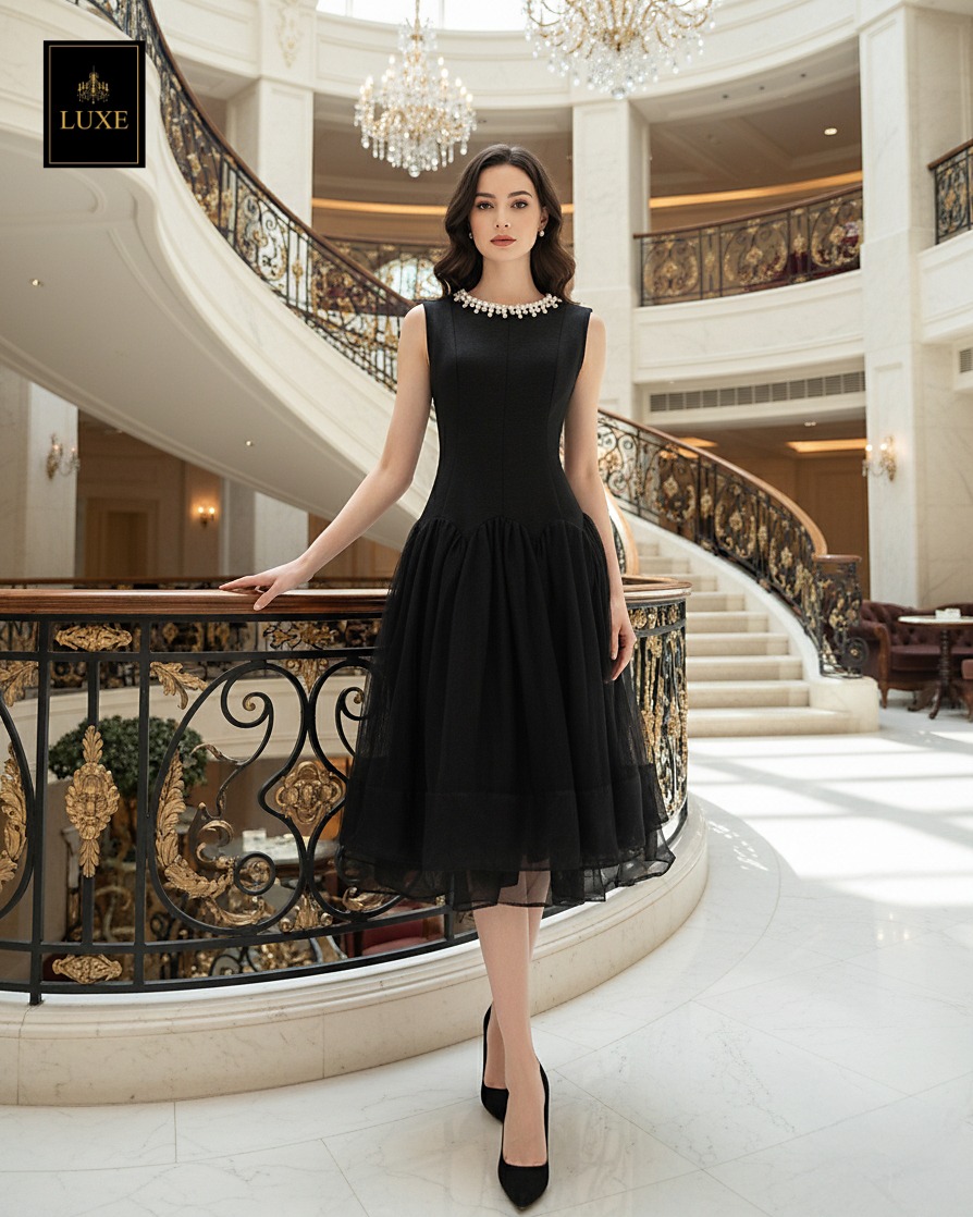 เดรสแฟชั่น เดรสเสื้อคอกลมแขนกุด กระโปรงบาน แต่งลูกปัดมุกรอบคอเสื้อ