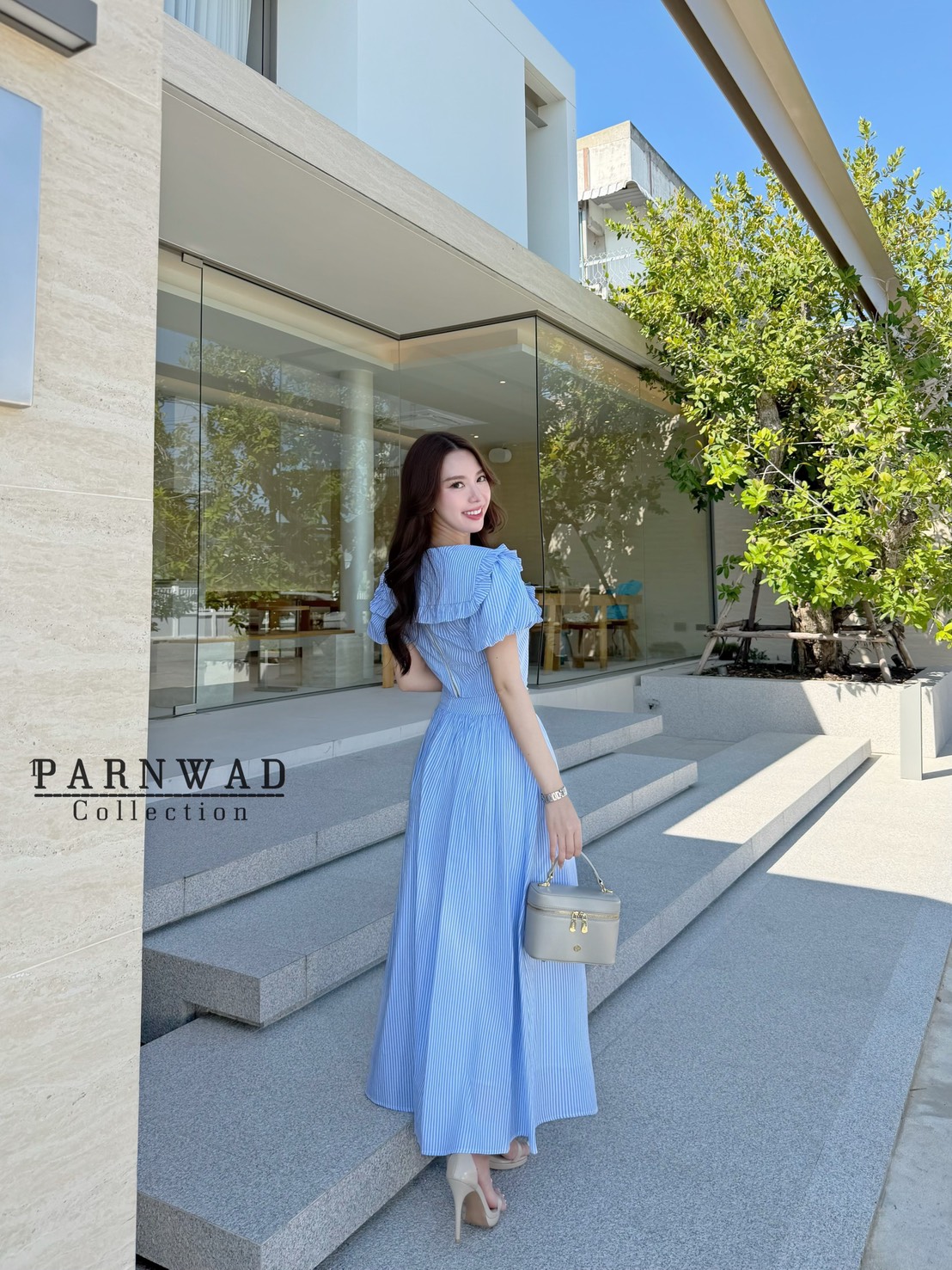 ชุดเซทแฟชั่น Set เสื้อคอปกแขนตุ๊กตาซิปหลัง มาพร้อมกับกระโปรงเอวสูงจับจีบ