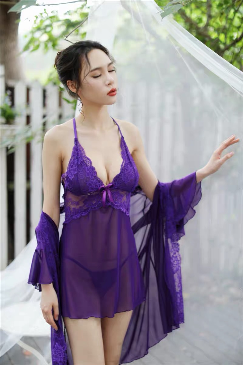 เซ็ทชุดคลุมนอน เซ็ดชุดนอน สายเดี่ยว+ชุดคลุมนอน ซีทรูสีนูทพีช แต่งลูกไม้ สวย หรู งาน เซ็กซี่มากๆคะ สำเนา