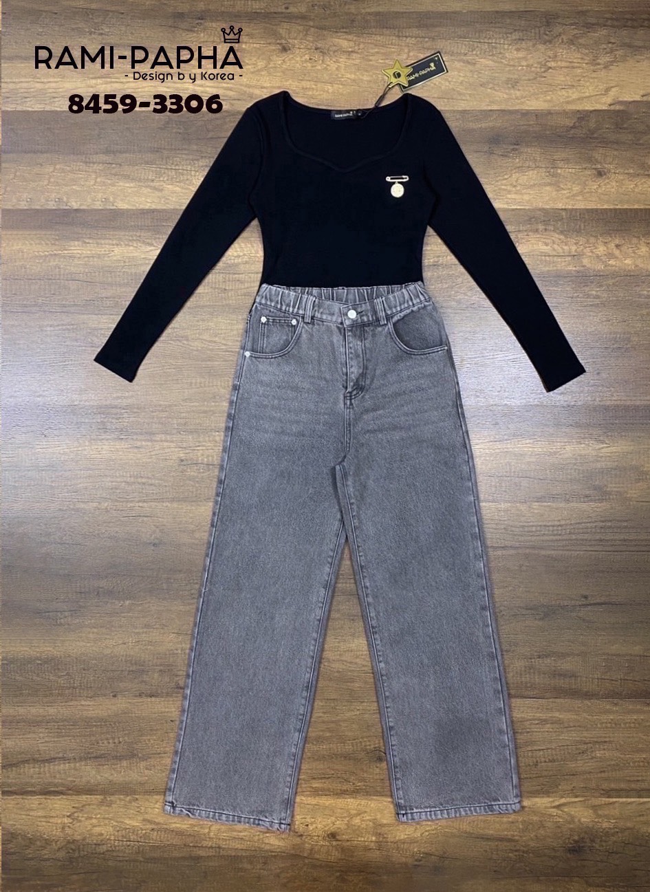 ชุดเซทแฟชั่น เสื้อ+ขายาว+เข็มกลัด Set.3ชิ้น เสื้อแขนยาวสีดำ เนื้อผ้าร่องยืดหยุ่นอย่างดีสวมใส่สบาย