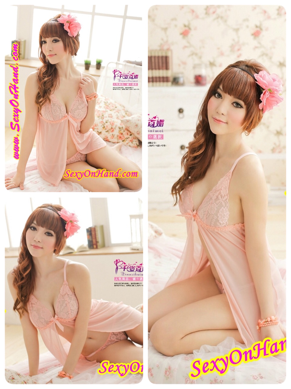 ชุดนอนผ้าซีทรู สีโอรส อ่อนๆ (สีหวานมาก) ช่วงอกเล่นลูกไม้ แบบโชว์เนินอกเล็กน้อย ชายกระโปรงประดับด้วยแถบริบบิ้นสีเดียวกับตัวชุด เพิ่มความน่ารัก ตัวผ้านุ่มลื่น ใส่สบายมากๆ เลยคะ ลูกไม้อย่างดี เนื้อผ้าลูกไม้อย่างดี