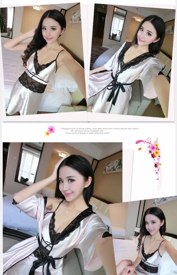 Set ชุดนอน เซ็ทชุดคลุมนอน+ สายเดี่ยวสีขมพูอ่อน แต่งลูกไม้ดำ